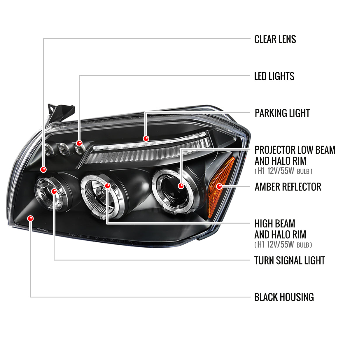 2005-2007 Dodge Magnum Dual Halo Projector Headlights (Matte Black Housing / Clear Lens)
