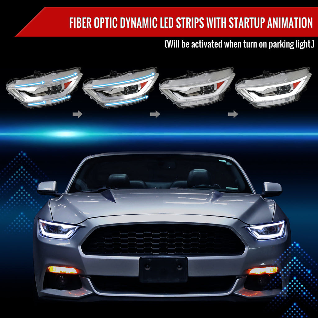 2015-2017 Ford Mustang S550 / 2018-2020 Mustang Shelby LED Bar Xenon HID Projector Headlights (Chrome Housing / Clear Lens)