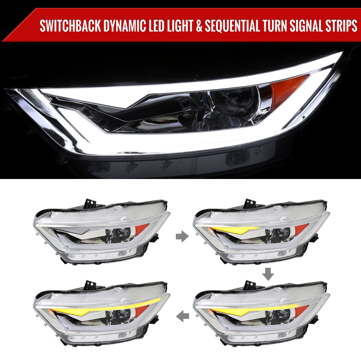 2015-2017 Ford Mustang S550 / 2018-2020 Mustang Shelby HID/Xenon Switchback Sequential LED Projector Headlights (Chrome Housing / Clear Lens)