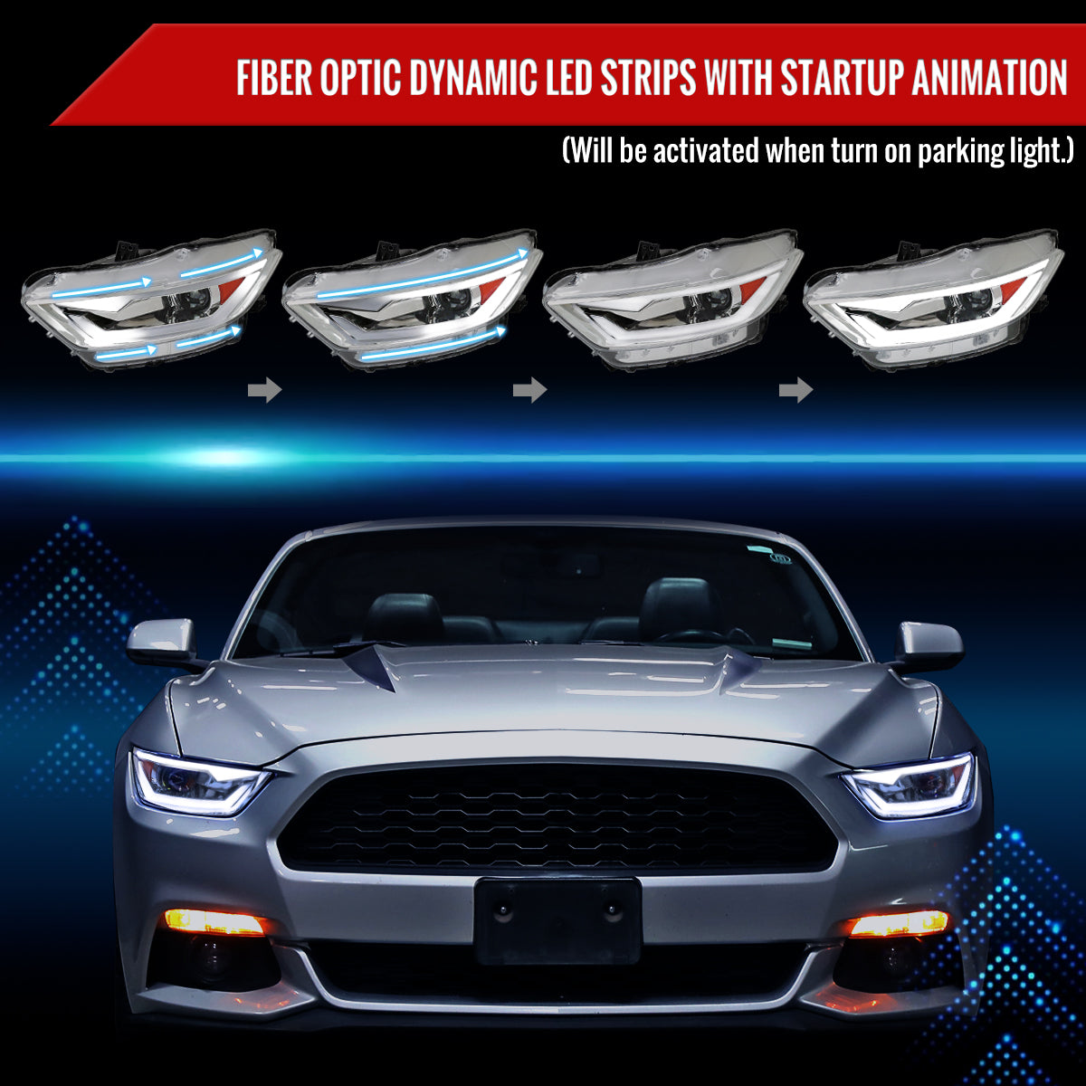 2015-2017 Ford Mustang S550 / 2018-2020 Mustang Shelby HID/Xenon Switchback Sequential LED Projector Headlights (Chrome Housing / Clear Lens)