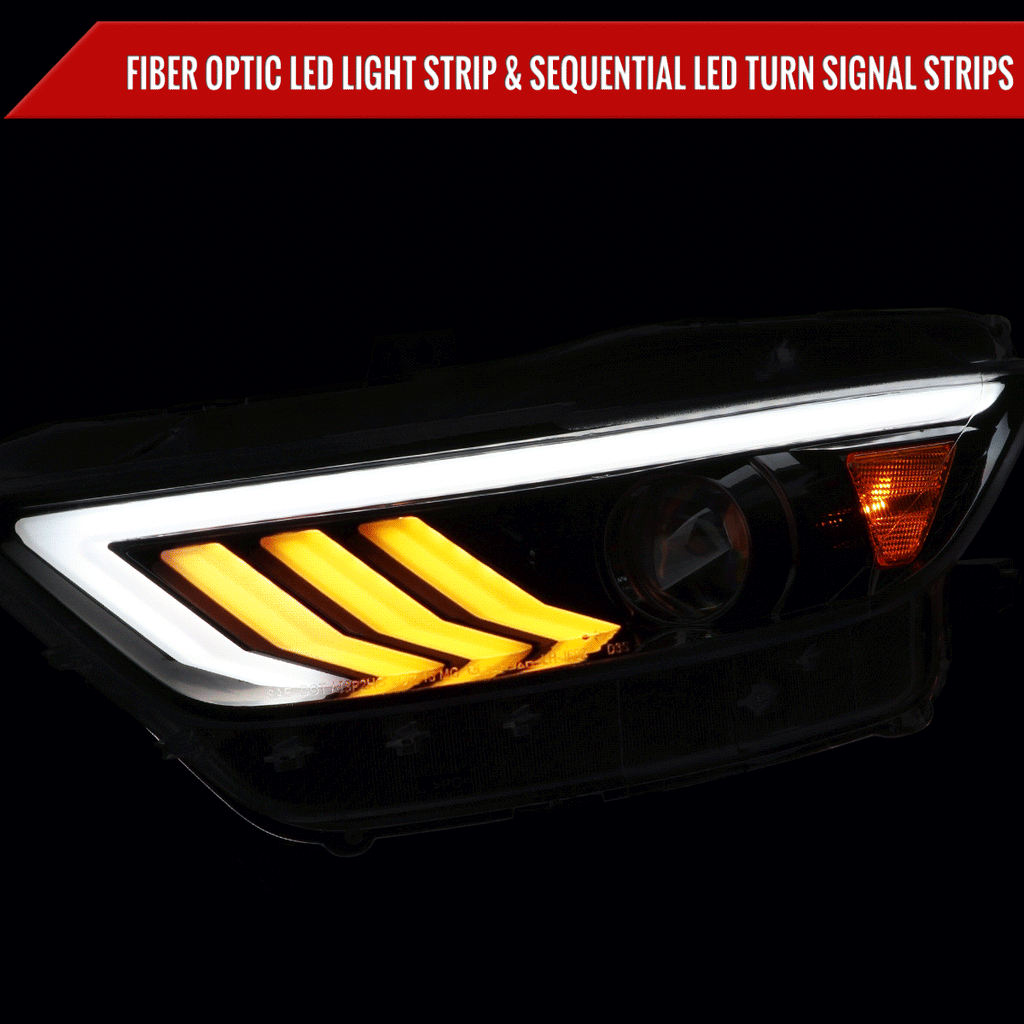 2015-2017 Ford Mustang S550 HID-Type LED Sequential Turn Signal Projector Headlights (Jet Black Housing / Clear Lens)