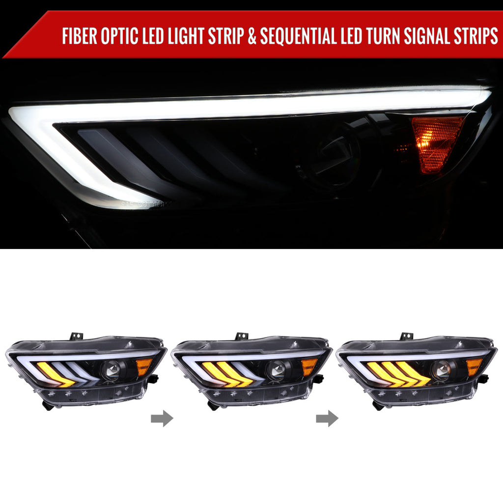 2015-2017 Ford Mustang S550 HID-Type LED Sequential Turn Signal Projector Headlights (Jet Black Housing / Clear Lens)