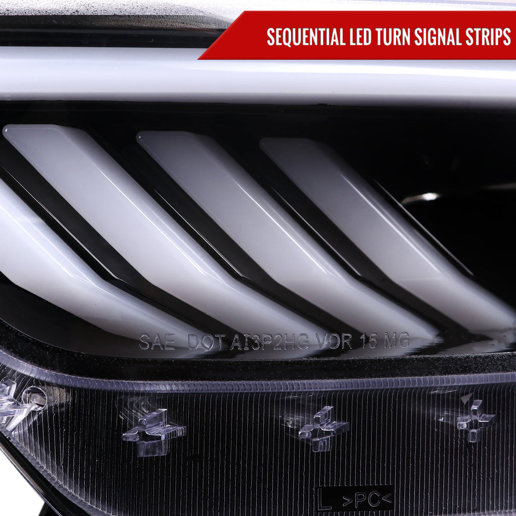 2015-2017 Ford Mustang S550 HID-Type LED Sequential Turn Signal Projector Headlights (Jet Black Housing / Clear Lens)
