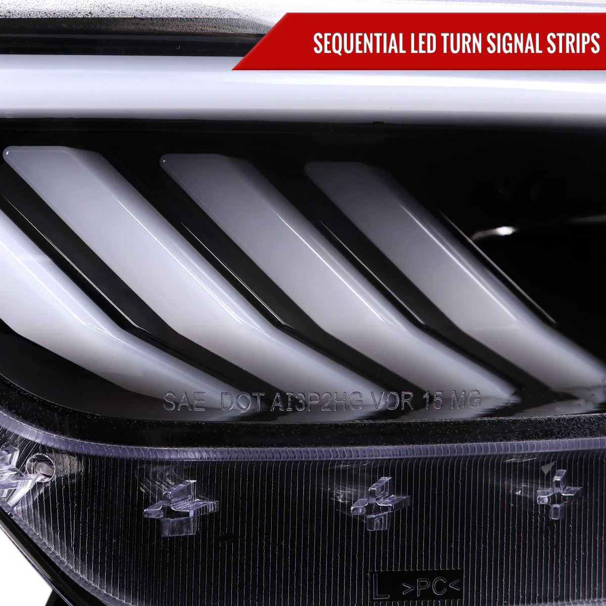 2015-2017 Ford Mustang S550 HID-Type LED Sequential Turn Signal Projector Headlights (Jet Black Housing / Clear Lens)