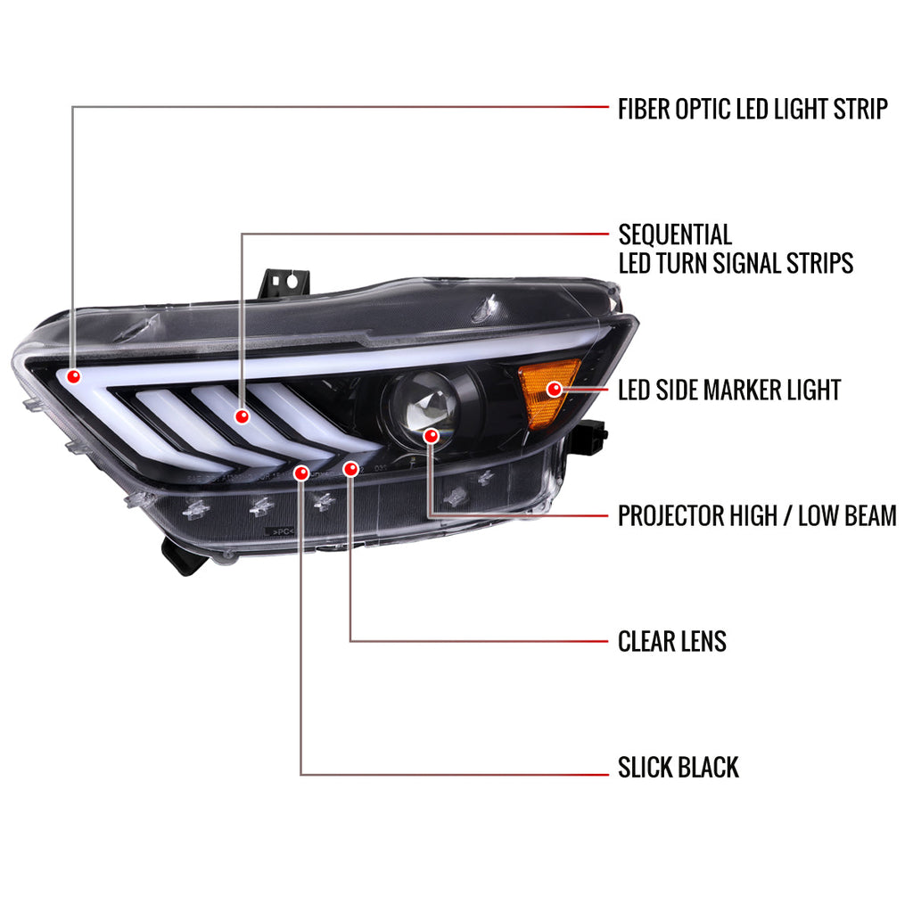 2015-2017 Ford Mustang S550 HID-Type LED Sequential Turn Signal Projector Headlights (Jet Black Housing / Clear Lens)