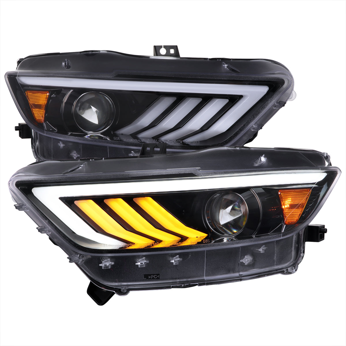 2015-2017 Ford Mustang S550 HID-Type LED Sequential Turn Signal Projector Headlights (Jet Black Housing / Clear Lens)