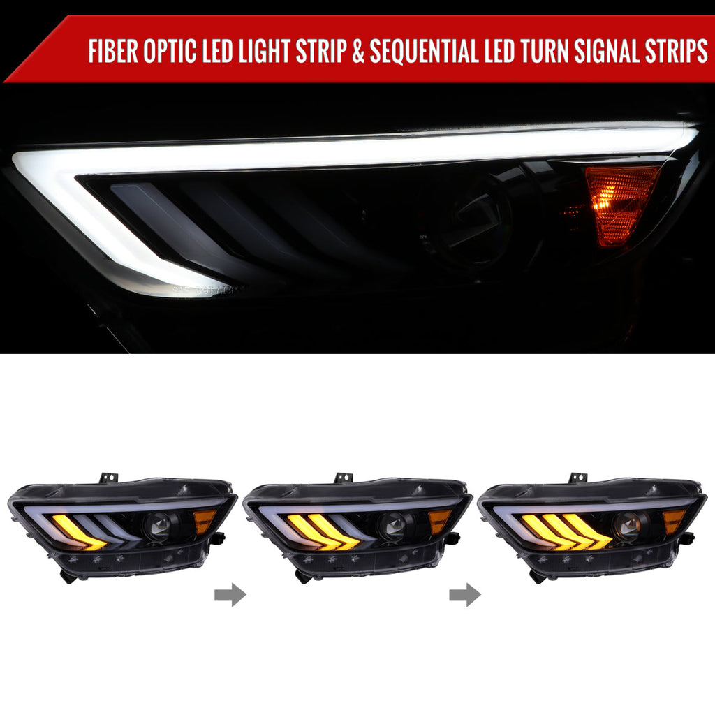 2015-2017 Ford Mustang S550 HID-Type LED Sequential Turn Signal Projector Headlights (Glossy Black Housing / Smoked Lens)