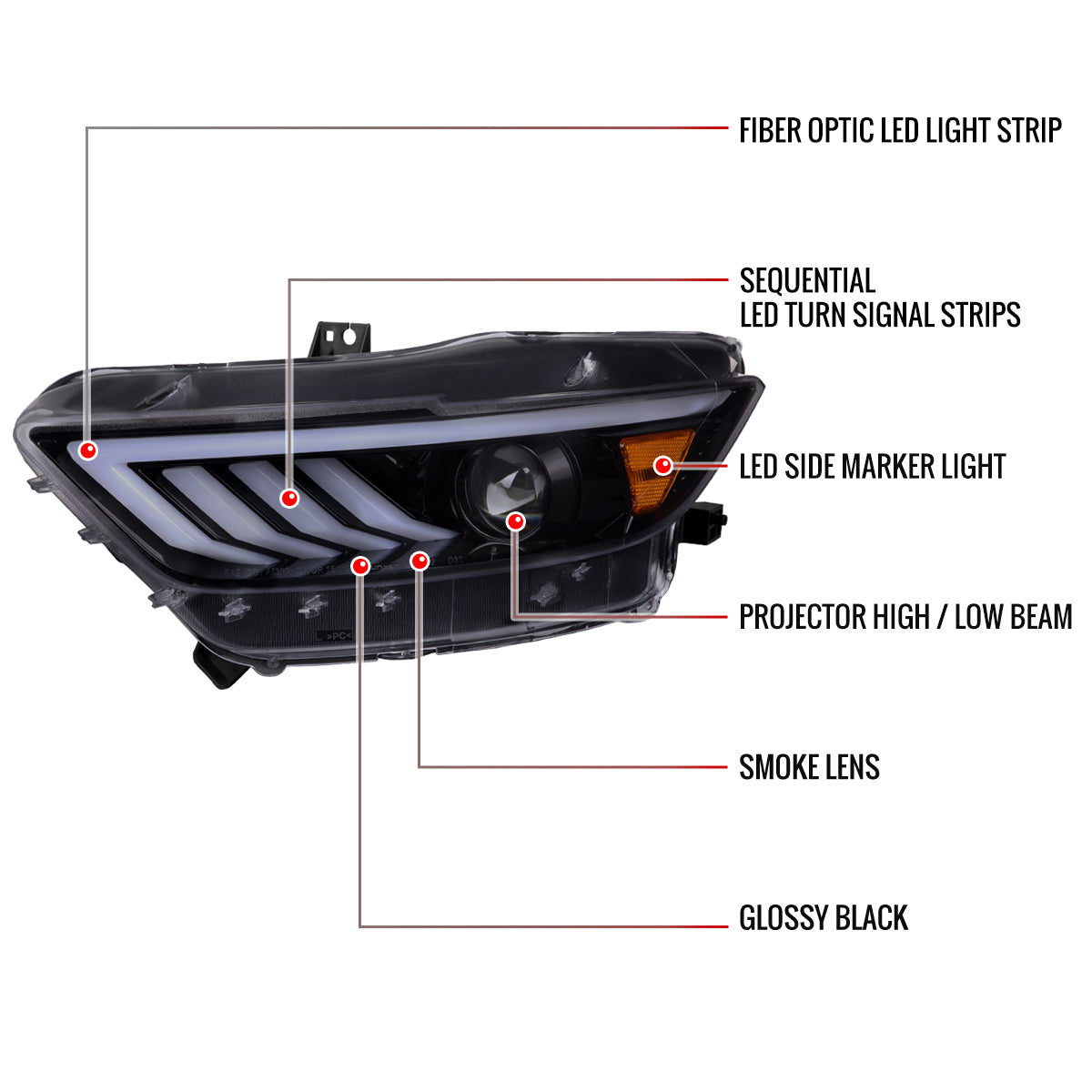 2015-2017 Ford Mustang S550 HID-Type LED Sequential Turn Signal Projector Headlights (Glossy Black Housing / Smoked Lens)