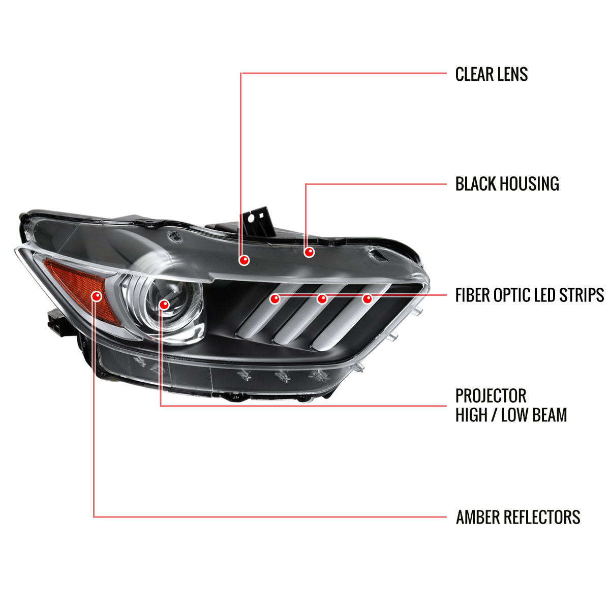 2015-2017 Ford Mustang S550 / 2018-2020 Mustang Shelby LED Strip Xenon HID Projector Headlight - Passenger Side Only (Matte Black Housing / Clear Lens)