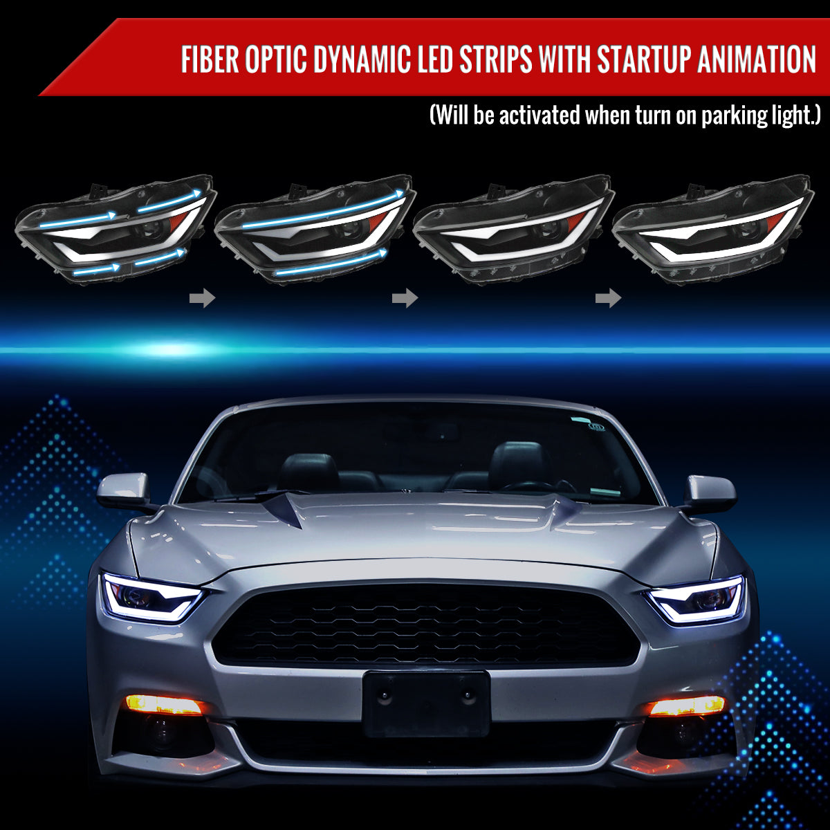 2015-2017 Ford Mustang S550 / 2018-2020 Mustang Shelby LED Bar Xenon HID Projector Headlights (Matte Black Housing / Clear Lens)
