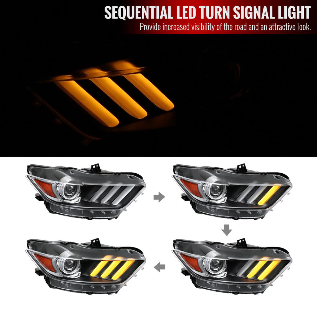 2015-2017 Ford Mustang S550 HID/Xenon Switchback Sequential LED Turn Signal Projector Headlights (Matte Black Housing / Clear Lens)