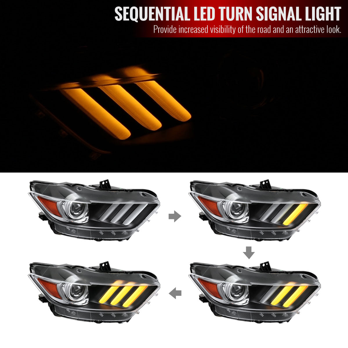 2015-2017 Ford Mustang S550 HID/Xenon Switchback Sequential LED Turn Signal Projector Headlights (Matte Black Housing / Clear Lens)