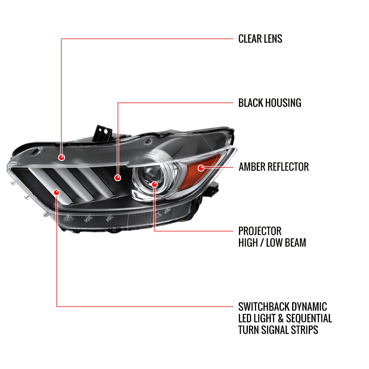 2015-2017 Ford Mustang S550 HID/Xenon Switchback Sequential LED Turn Signal Projector Headlights (Matte Black Housing / Clear Lens)