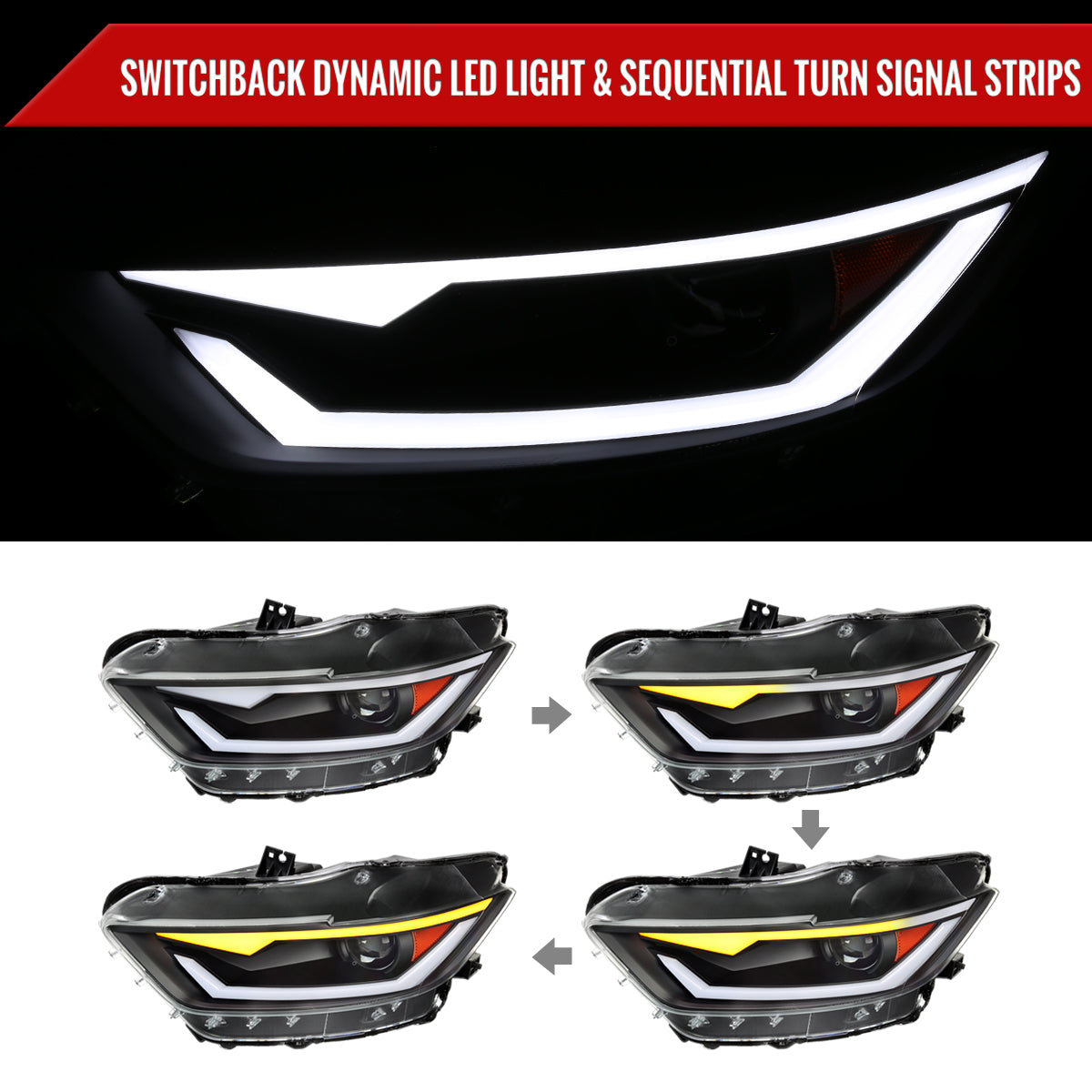 2015-2017 Ford Mustang S550 / 2018-2020 Mustang Shelby HID/Xenon Switchback Sequential LED Projector Headlights (Matte Black Housing / Clear Lens)