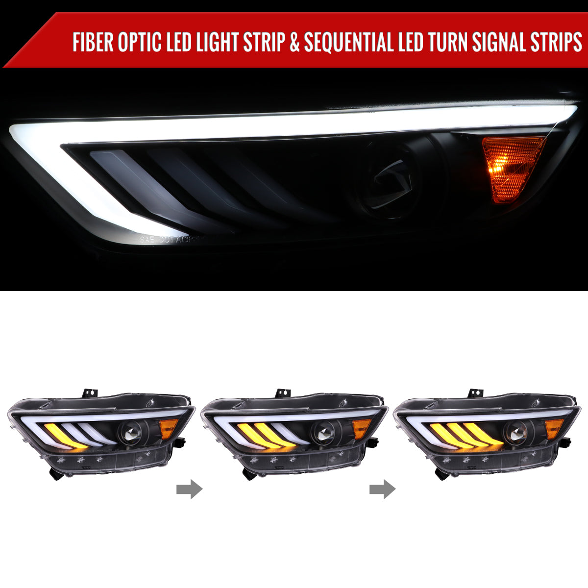 2015-2017 Ford Mustang S550 HID-Type LED Sequential Turn Signal Projector Headlights (Matte Black Housing / Clear Lens)