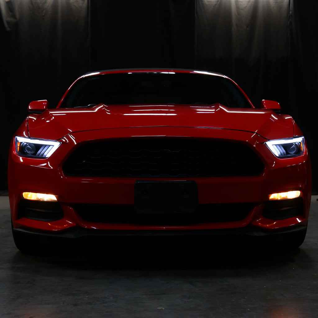 2015-2017 Ford Mustang S550 HID-Type LED Sequential Turn Signal Projector Headlights (Matte Black Housing / Clear Lens)