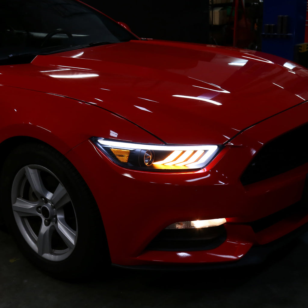 2015-2017 Ford Mustang S550 HID-Type LED Sequential Turn Signal Projector Headlights (Matte Black Housing / Clear Lens)