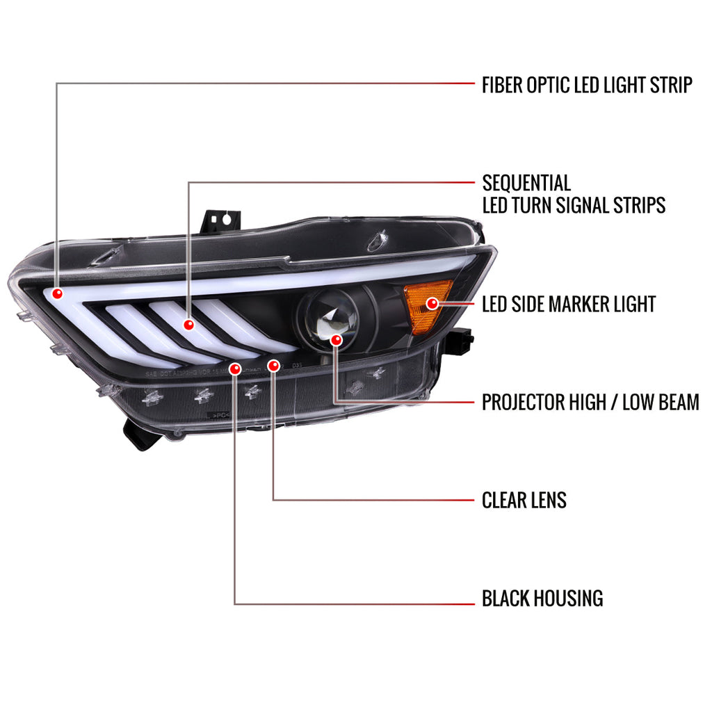 2015-2017 Ford Mustang S550 HID-Type LED Sequential Turn Signal Projector Headlights (Matte Black Housing / Clear Lens)