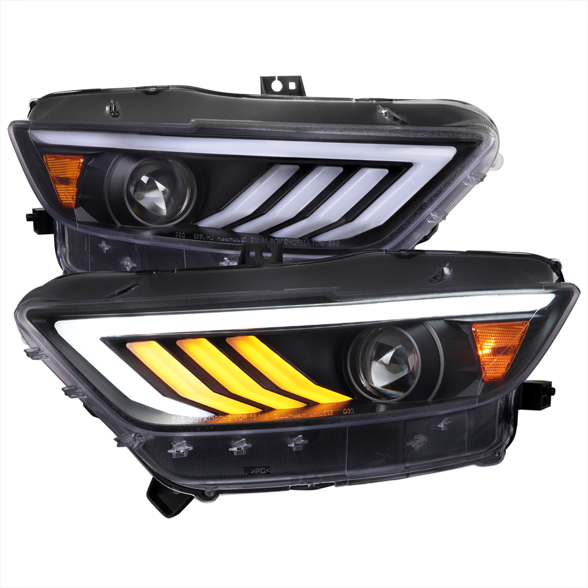 2015-2017 Ford Mustang S550 HID-Type LED Sequential Turn Signal Projector Headlights (Matte Black Housing / Clear Lens)