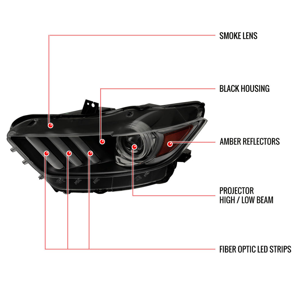 2015-2017 Ford Mustang S550 / 2018-2020 Mustang Shelby LED Strip Xenon HID Projector Headlights (Black Housing / Smoked Lens)