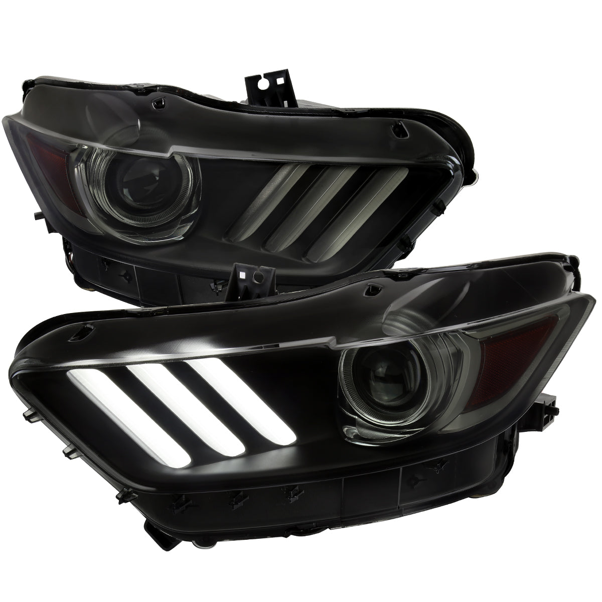 2015-2017 Ford Mustang S550 / 2018-2020 Mustang Shelby LED Strip Xenon HID Projector Headlights (Black Housing / Smoked Lens)