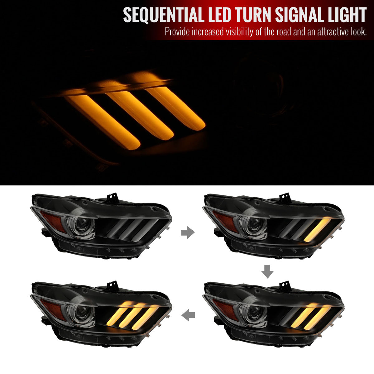 2015-2017 Ford Mustang S550 HID/Xenon Switchback Sequential LED Turn Signal Projector Headlights (Matte Black Housing / Smoked Lens)