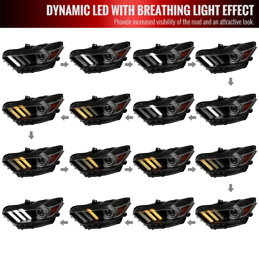 2015-2017 Ford Mustang S550 HID/Xenon Switchback Sequential LED Turn Signal Projector Headlights (Matte Black Housing / Smoked Lens)