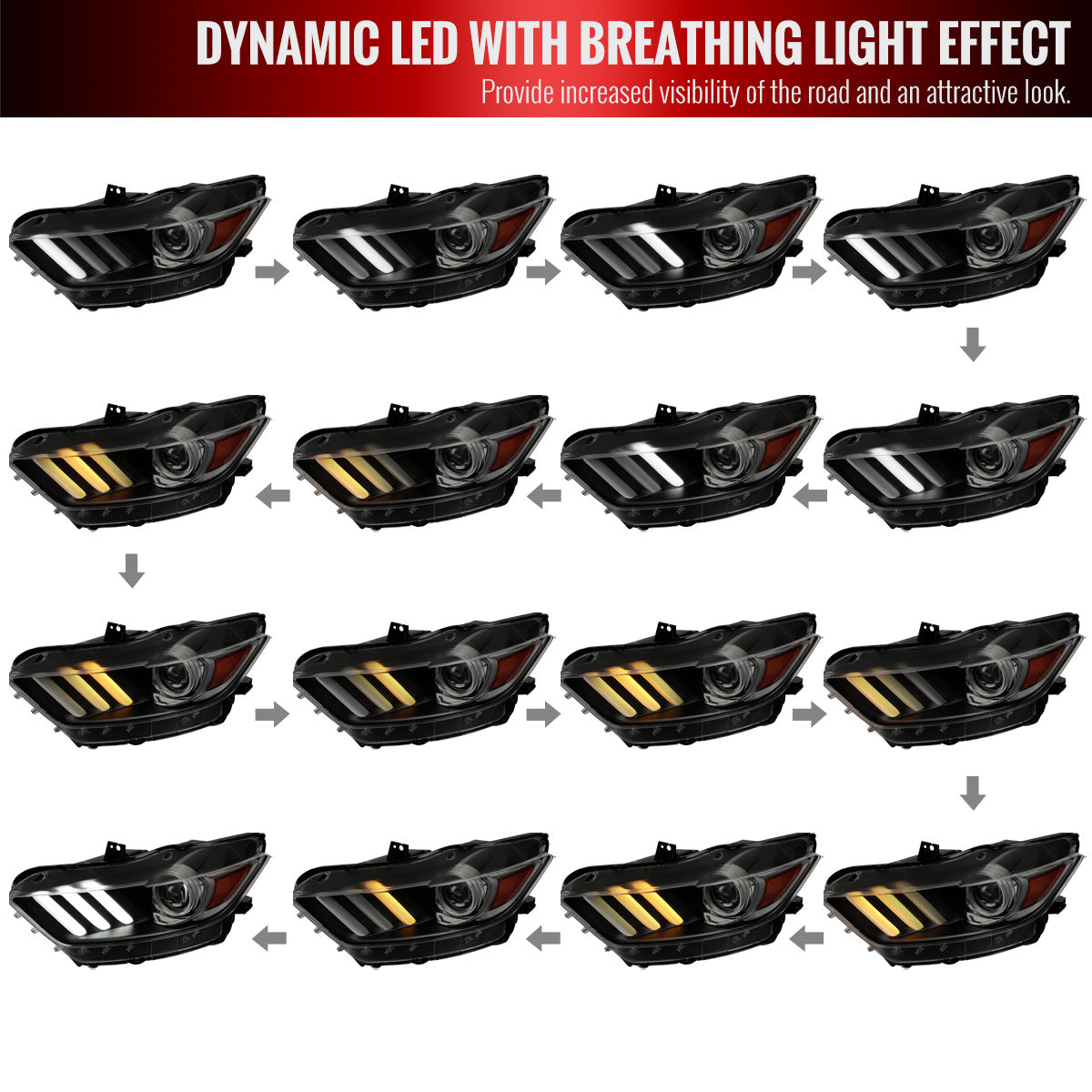 2015-2017 Ford Mustang S550 HID/Xenon Switchback Sequential LED Turn Signal Projector Headlights (Matte Black Housing / Smoked Lens)