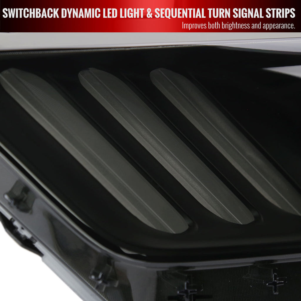 2015-2017 Ford Mustang S550 HID/Xenon Switchback Sequential LED Turn Signal Projector Headlights (Matte Black Housing / Smoked Lens)