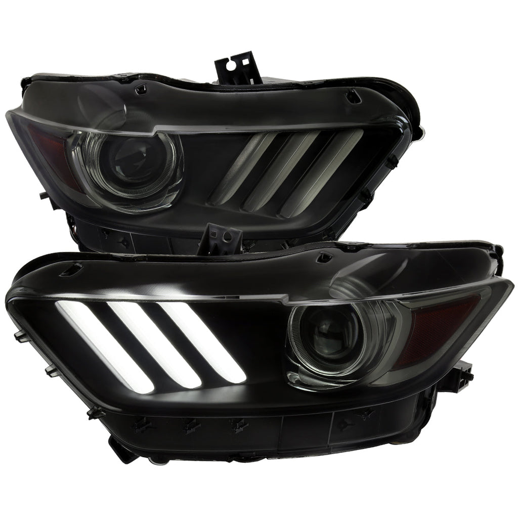 2015-2017 Ford Mustang S550 HID/Xenon Switchback Sequential LED Turn Signal Projector Headlights (Matte Black Housing / Smoked Lens)