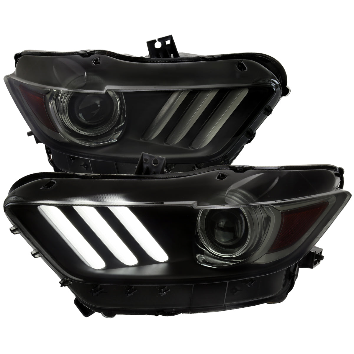 2015-2017 Ford Mustang S550 HID/Xenon Switchback Sequential LED Turn Signal Projector Headlights (Matte Black Housing / Smoked Lens)