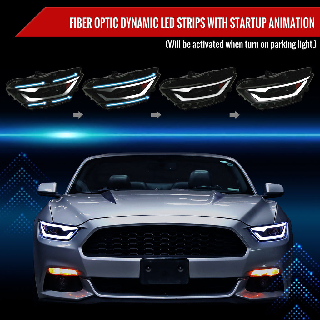 2015-2017 Ford Mustang S550 / 2018-2020 Mustang Shelby HID/Xenon Switchback Sequential LED Projector Headlights (Matte Black Housing / Smoked Lens)
