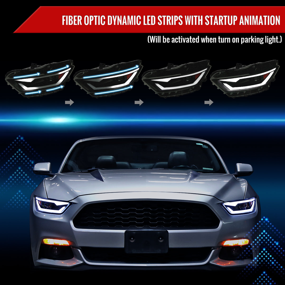 2015-2017 Ford Mustang S550 / 2018-2020 Mustang Shelby HID/Xenon Switchback Sequential LED Projector Headlights (Matte Black Housing / Smoked Lens)