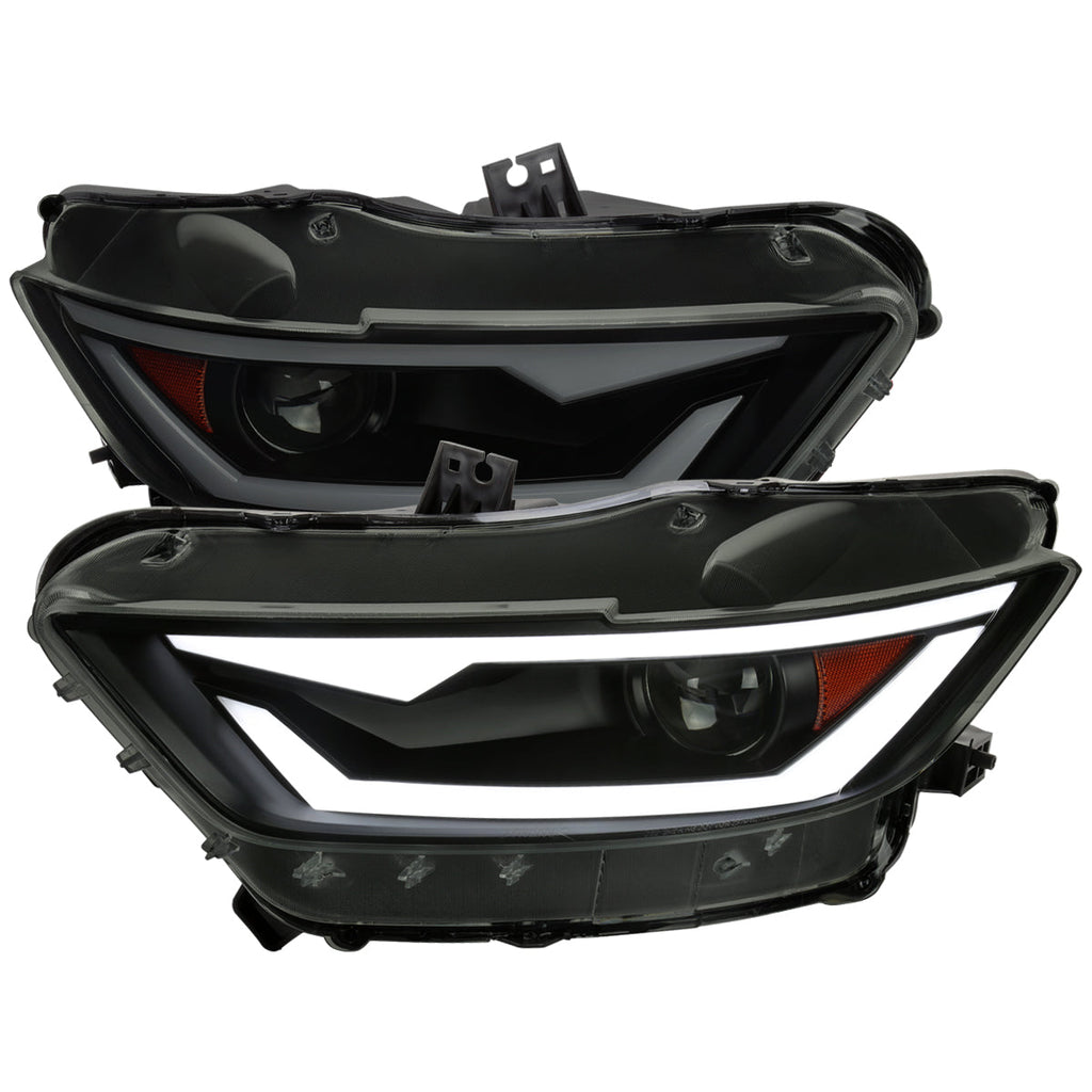 2015-2017 Ford Mustang S550 / 2018-2020 Mustang Shelby HID/Xenon Switchback Sequential LED Projector Headlights (Matte Black Housing / Smoked Lens)