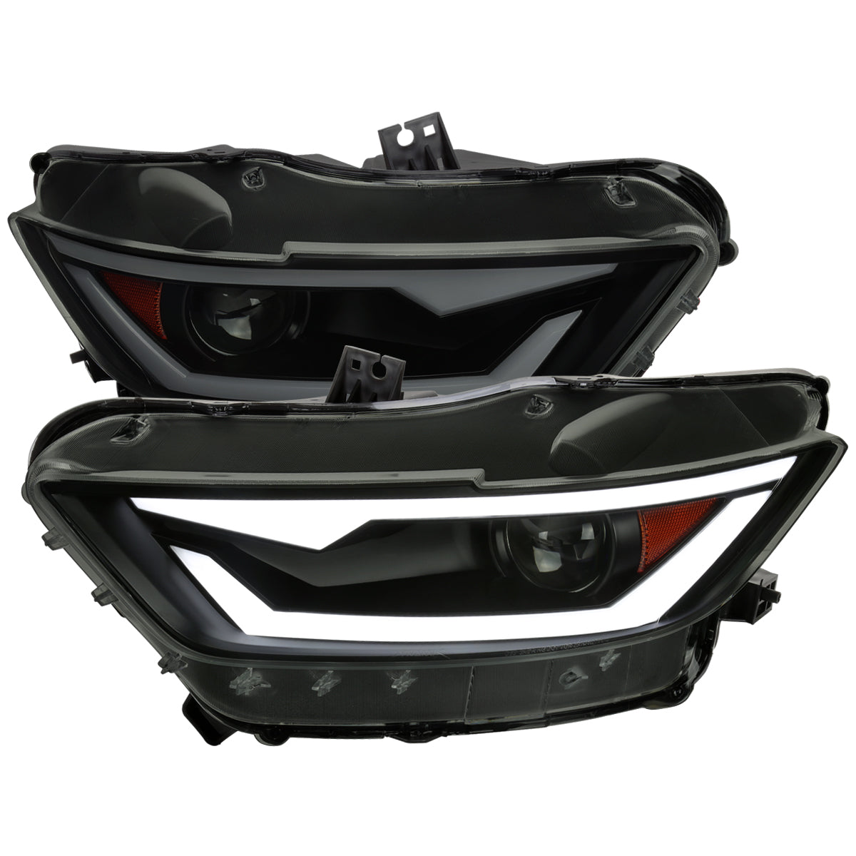 2015-2017 Ford Mustang S550 / 2018-2020 Mustang Shelby HID/Xenon Switchback Sequential LED Projector Headlights (Matte Black Housing / Smoked Lens)