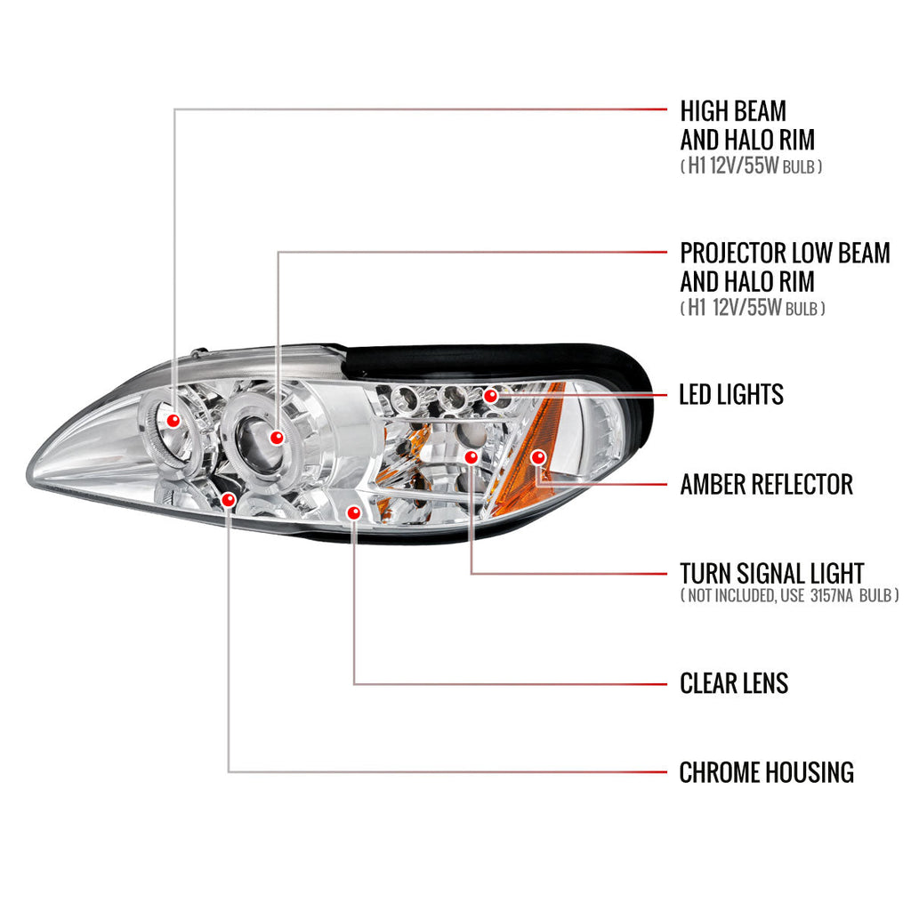 1994-1998 Ford Mustang SN95 Dual Halo Projector Headlights (Chrome Housing / Clear Lens)