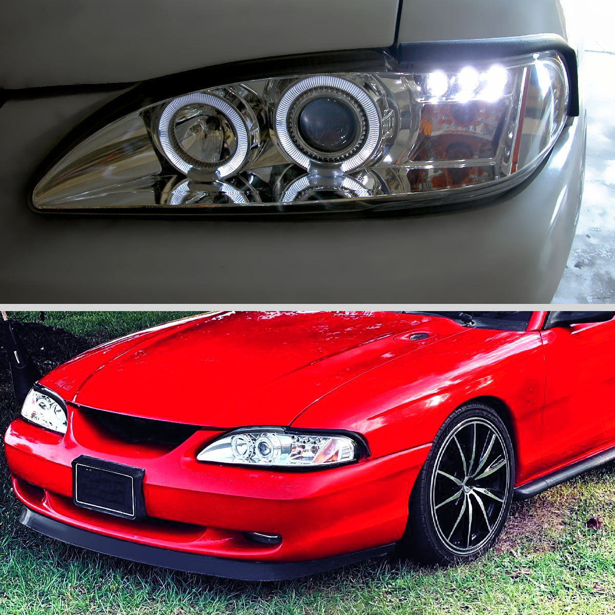 1994-1998 Ford Mustang SN95 Dual Halo Projector Headlights (Chrome Housing / Clear Lens)