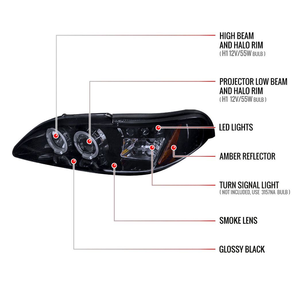 1994-1998 Ford Mustang SN95 Dual Halo Projector Headlights (Glossy Black Housing / Smoked Lens)