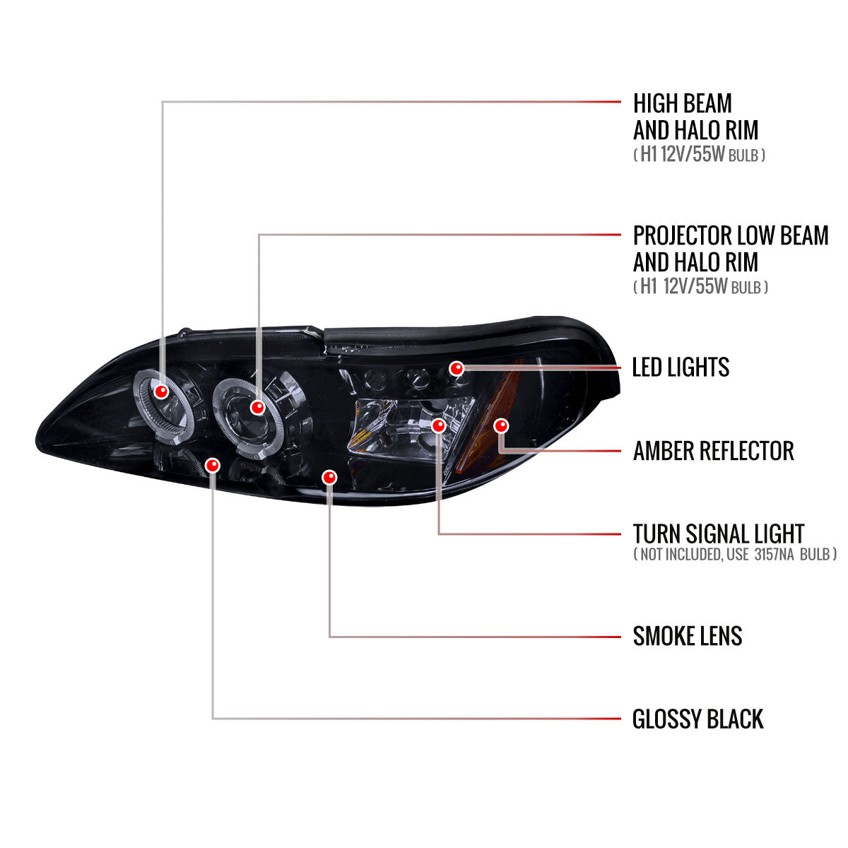 1994-1998 Ford Mustang SN95 Dual Halo Projector Headlights (Glossy Black Housing / Smoked Lens)