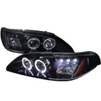 1994-1998 Ford Mustang SN95 Dual Halo Projector Headlights (Glossy Black Housing / Smoked Lens)