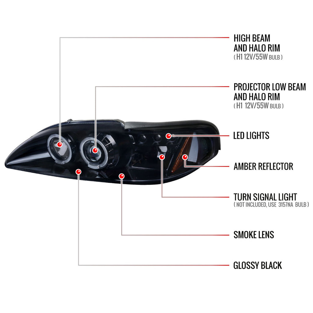 1994-1998 Ford Mustang SN95 Dual Halo V2 Projector Headlights (Glossy Black Housing / Smoked Lens)