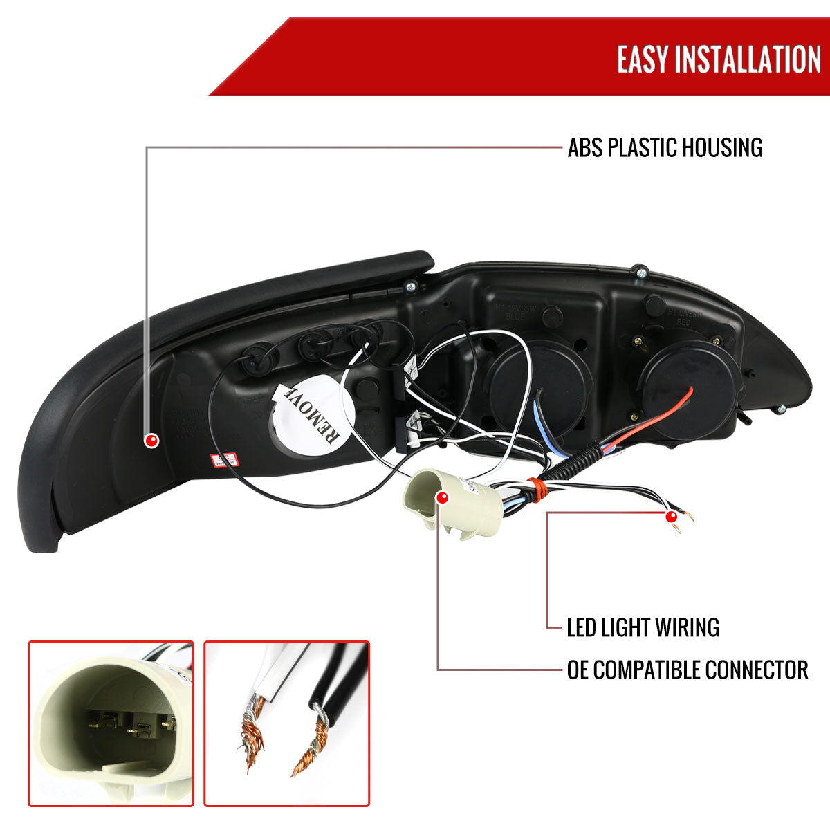 1994-1998 Ford Mustang SN95 Dual Halo Projector Headlights (Matte Black Housing / Clear Lens)