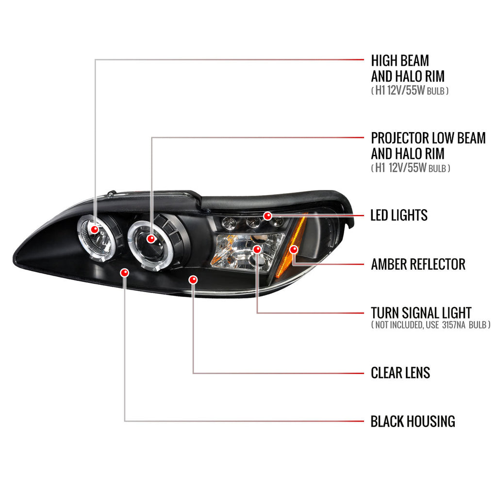 1994-1998 Ford Mustang SN95 Dual Halo Projector Headlights (Matte Black Housing / Clear Lens)