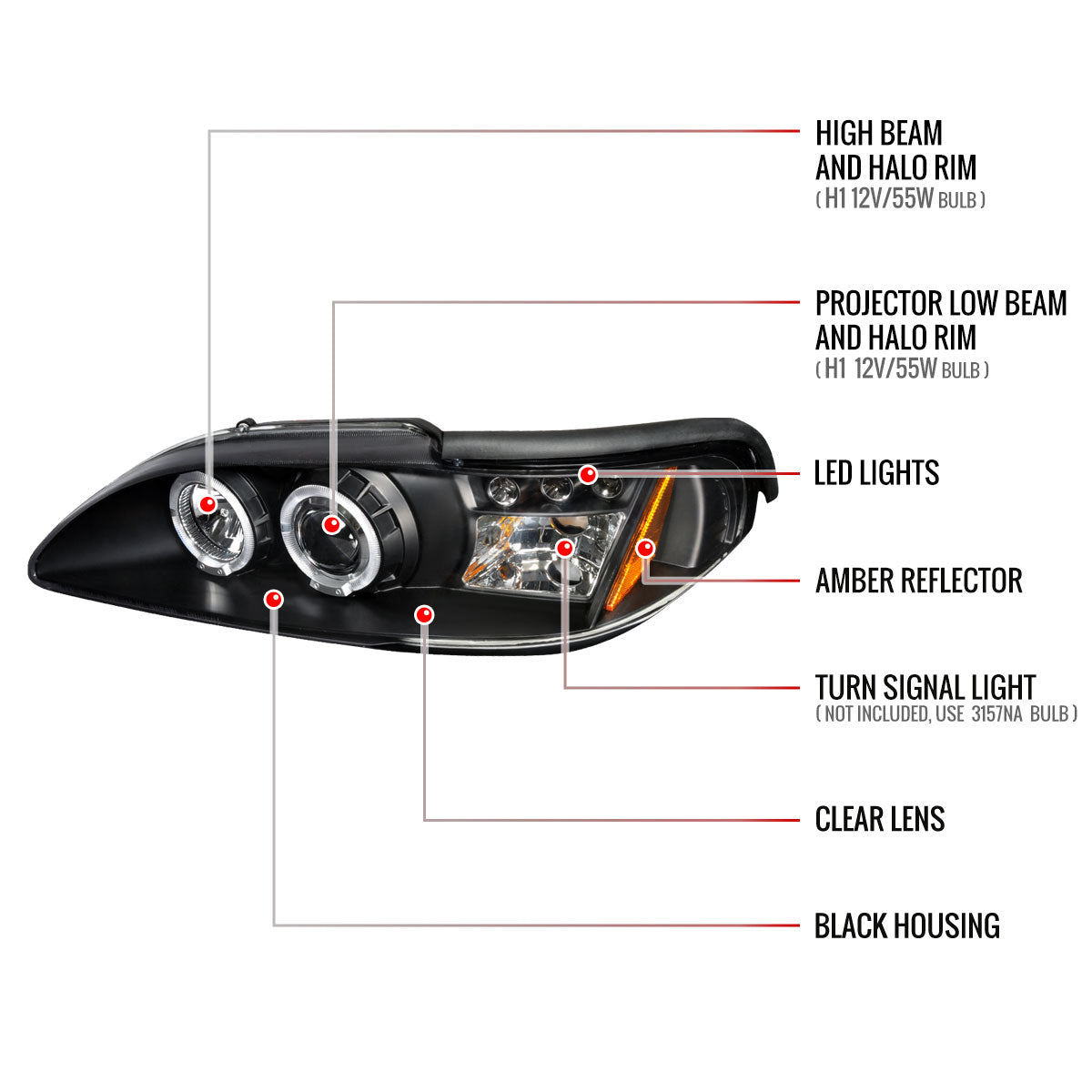 1994-1998 Ford Mustang SN95 Dual Halo Projector Headlights (Matte Black Housing / Clear Lens)