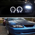 1994-1998 Ford Mustang SN95 Dual Halo Projector Headlights (Matte Black Housing / Clear Lens)