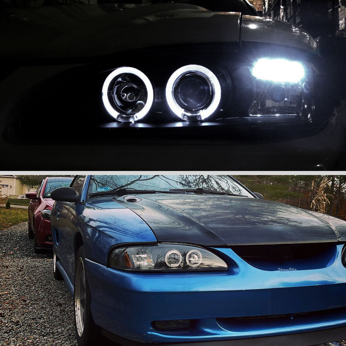 1994-1998 Ford Mustang SN95 Dual Halo Projector Headlights (Matte Black Housing / Clear Lens)