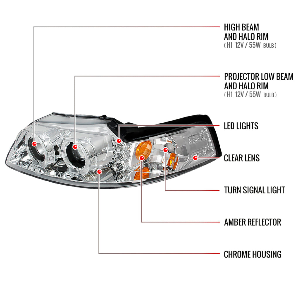 1999-2004 Ford Mustang New Edge Dual Halo Projector Headlights (Chrome Housing / Clear Lens)