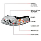 1999-2004 Ford Mustang New Edge Dual Halo Projector Headlights (Chrome Housing / Clear Lens)