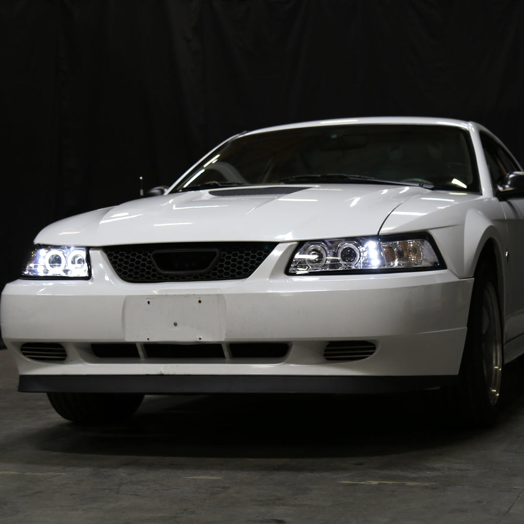 1999-2004 Ford Mustang New Edge Dual Halo V2 Projector Headlights (Chrome Housing / Clear Lens)
