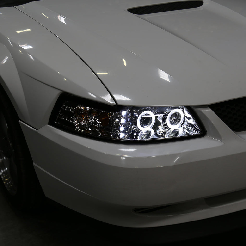 1999-2004 Ford Mustang New Edge Dual Halo V2 Projector Headlights (Chrome Housing / Clear Lens)